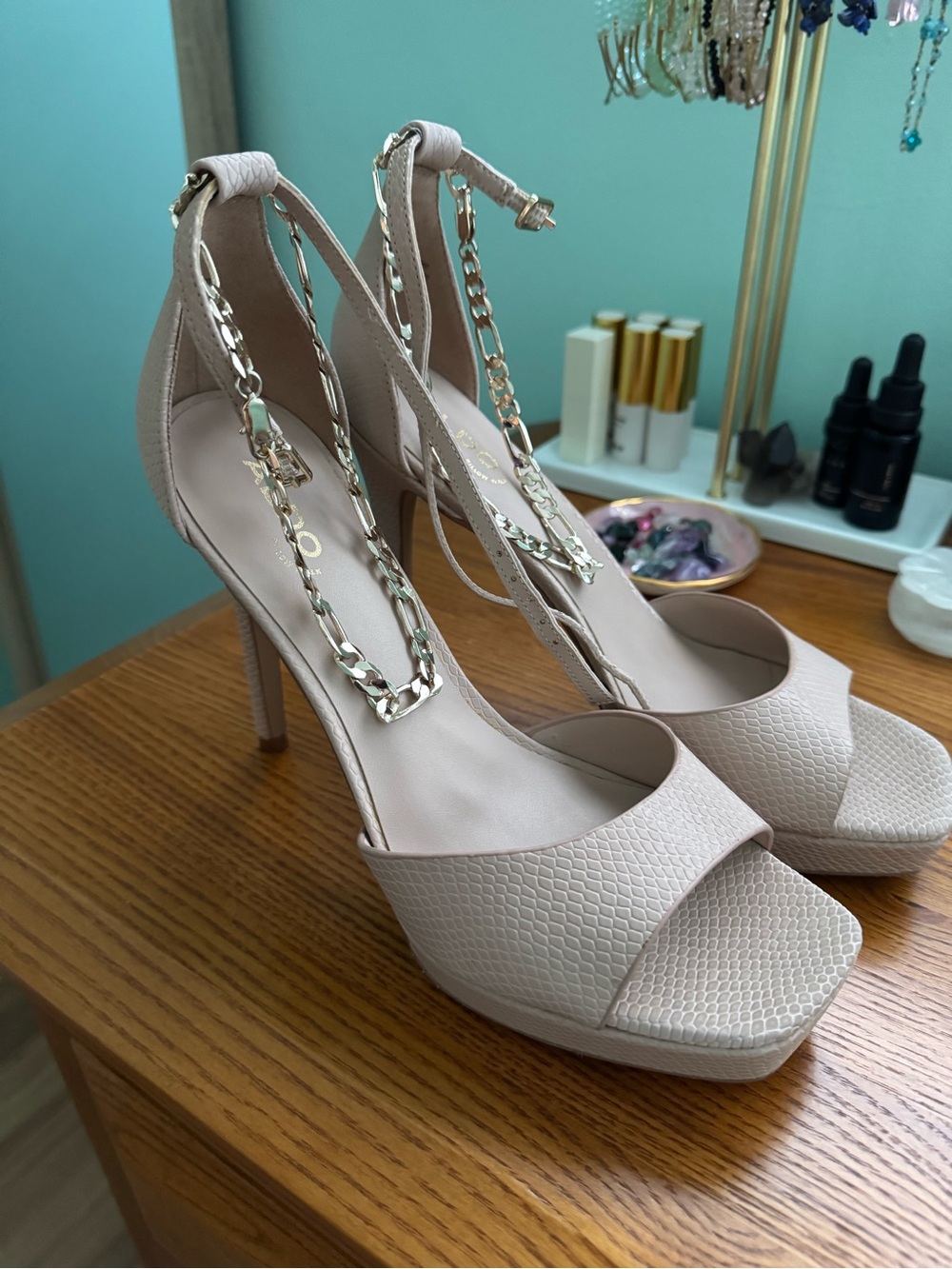 Aldo Blush Pink Platform Stiletto Sandals with Chain Ankle Strap, Size 8